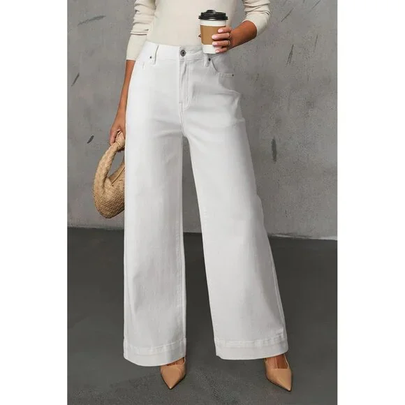 Women's White Casual High Waisted Stretch Button Wide Leg Loose Denim Jeans - Picture 3 of 3
